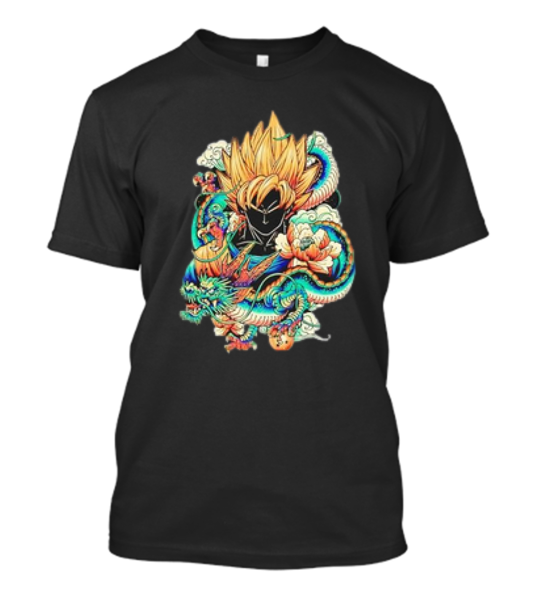 Colorful Dragon Ball Z Super Saiyan Goku With Dragon Serpent And Clouds T-Shirt