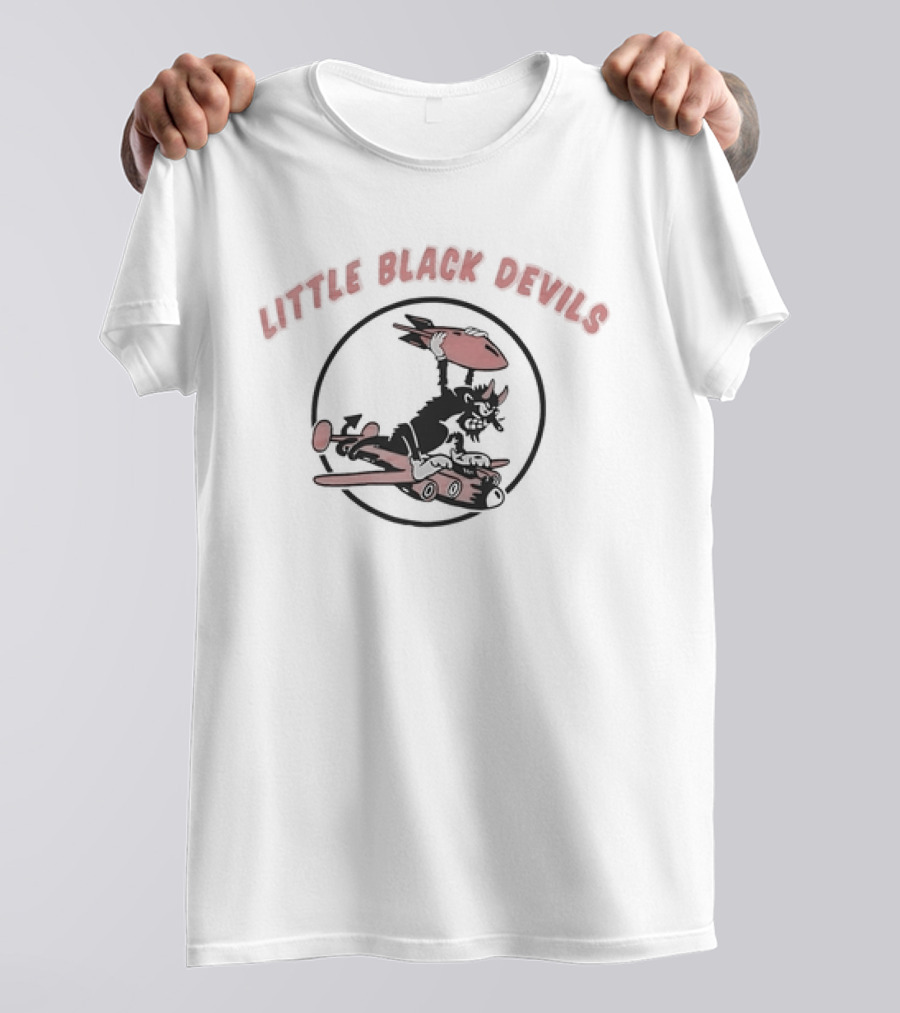 Little Black Devils Cartoon Character Holding Bomb On Airplane T-Shirt