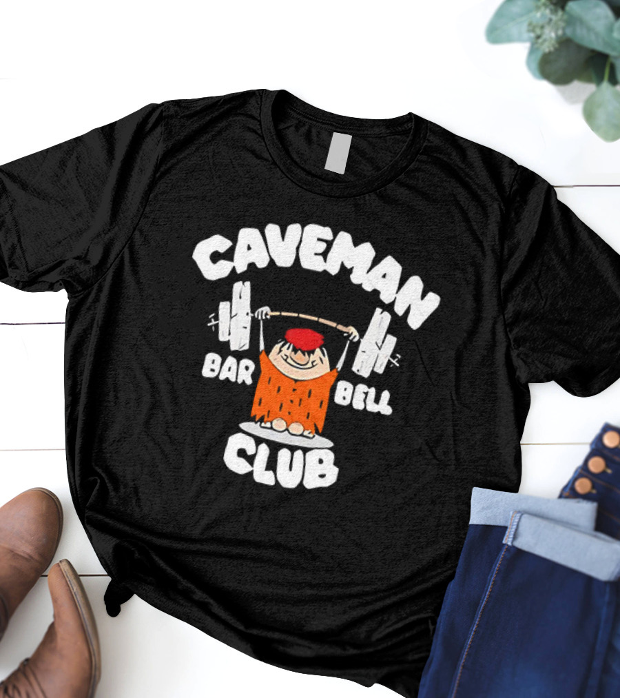 Caveman Club Bar Bell Weightlifting Cartoon T-Shirt