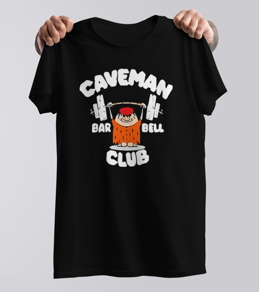 Caveman Club Bar Bell Weightlifting Cartoon T-Shirt