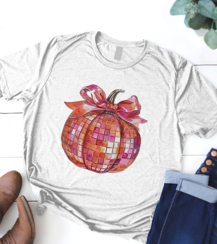 Retro Coquette Mosaic Bow Pumpkin T-Shirt
