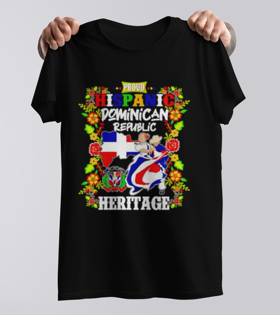 Proud Hispanic Dominican Republic Heritage Flowers And Flag T-Shirt