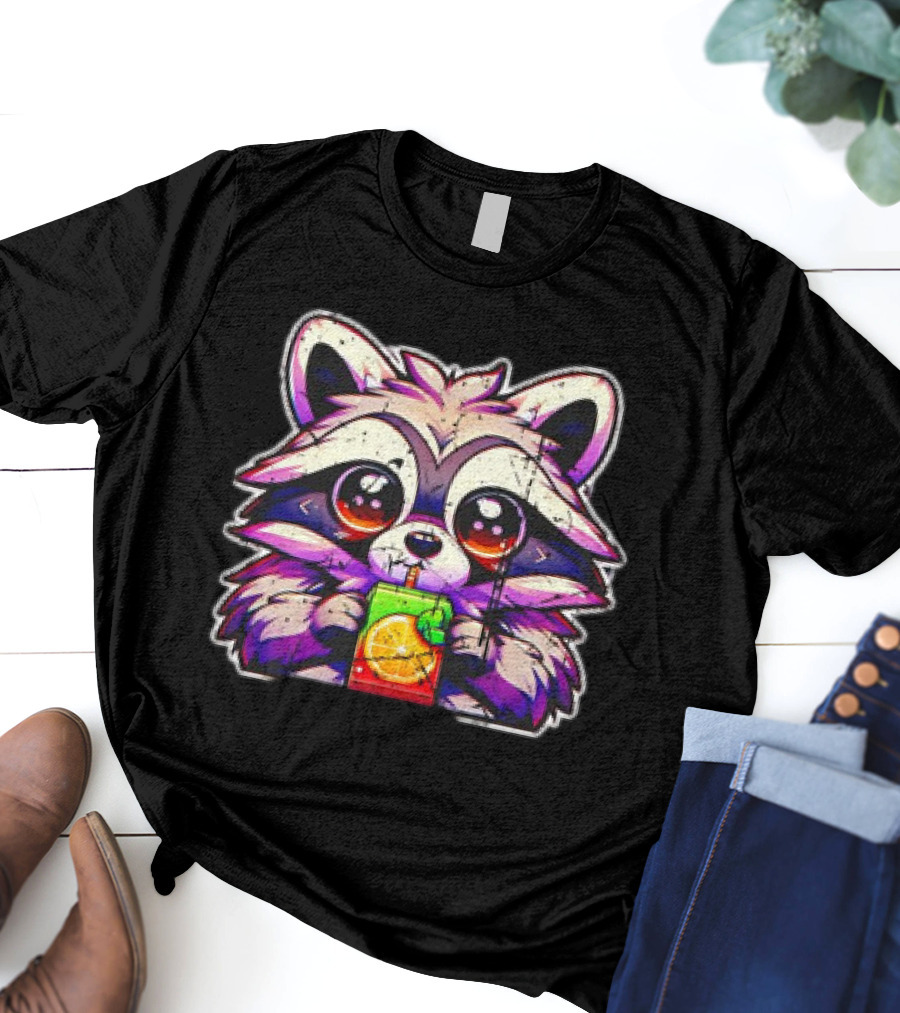Raccoon Sipping A Juice Box Vintage Retro Style Cute Drinking Cartoon T-Shirt