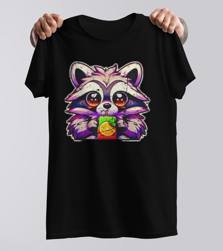 Raccoon Sipping A Juice Box Vintage Retro Style Cute Drinking Cartoon T-Shirt