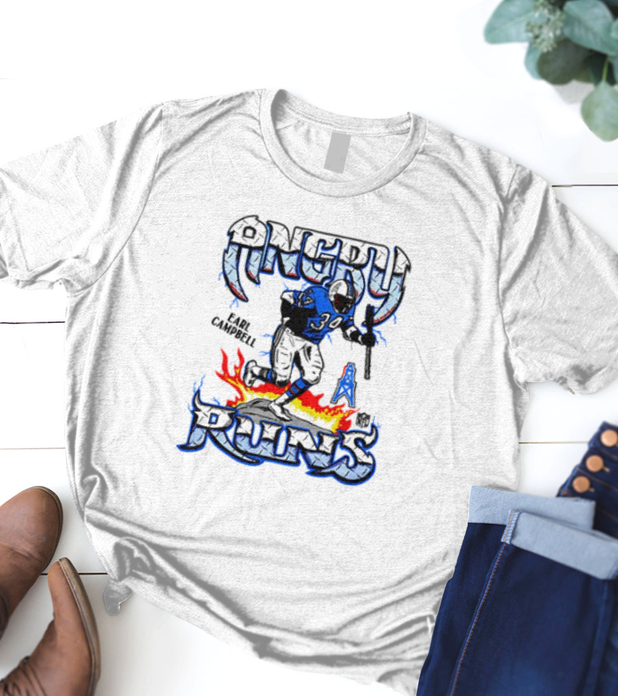 Angry Runs Earl Campbell Oilers NFL Flame Action T-Shirt