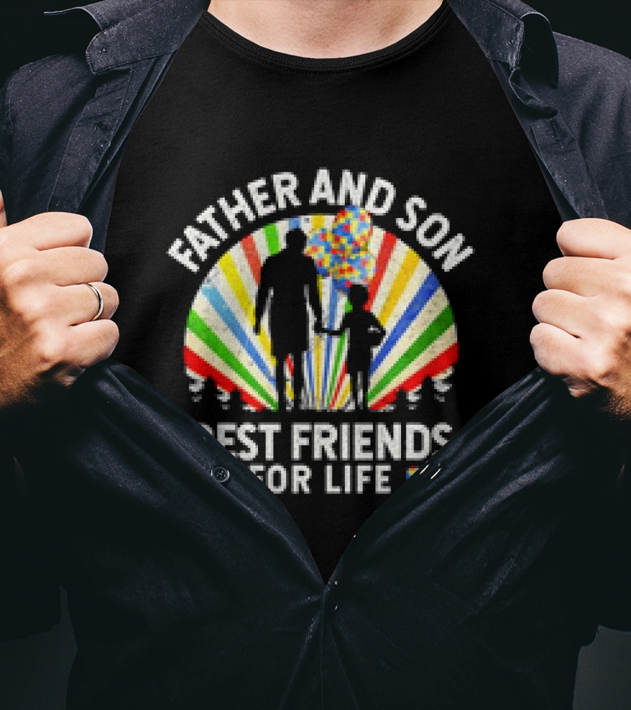 Father And Son Best Friends For Life Colorful Autism Awareness Ribbon Hearts T-Shirt