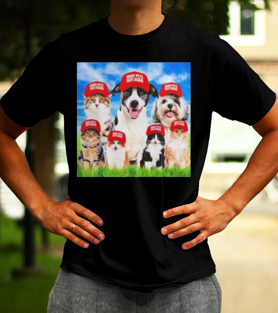 Six Cats And Dogs Wearing Red Make Pets Safe Again Hats On Green Grass T-Shirt