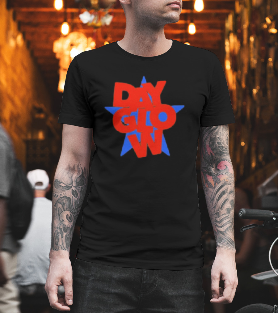 Day Glow Red Blue Star Stacked Black T-Shirt