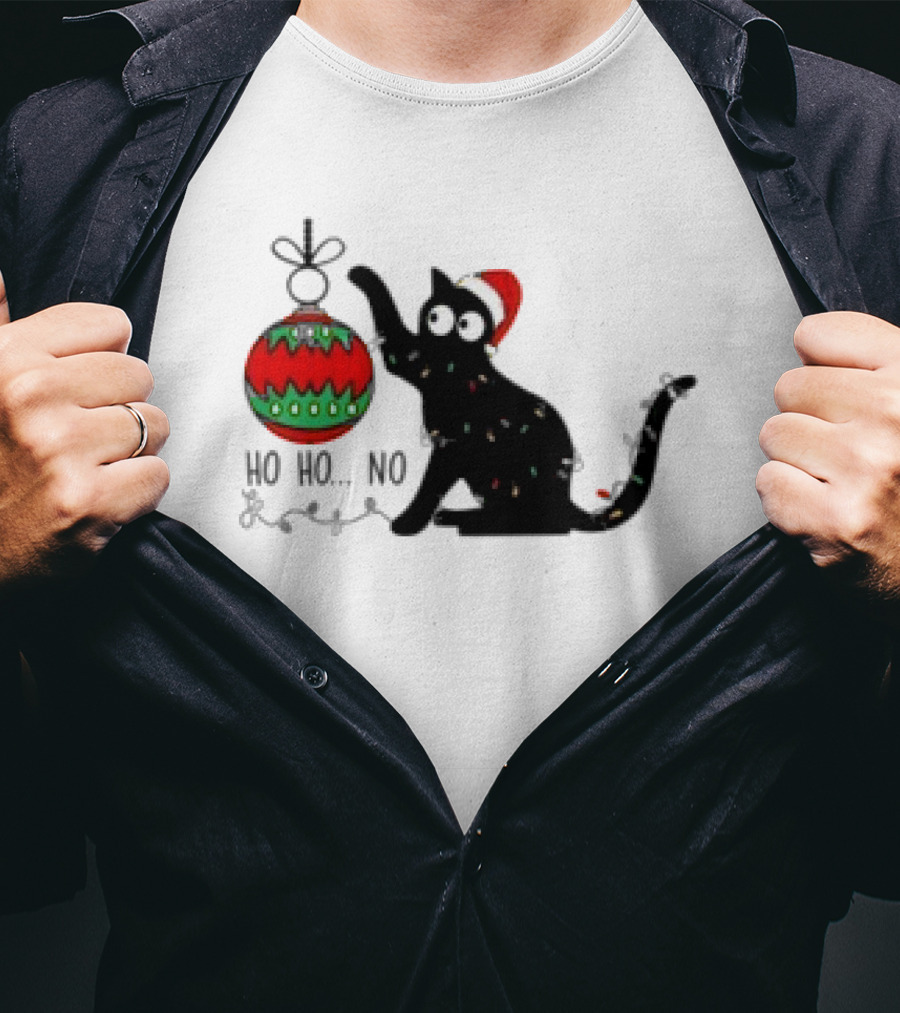 Black Cat With Santa Hat Playing With Ornament Ho Ho No Christmas T-Shirt
