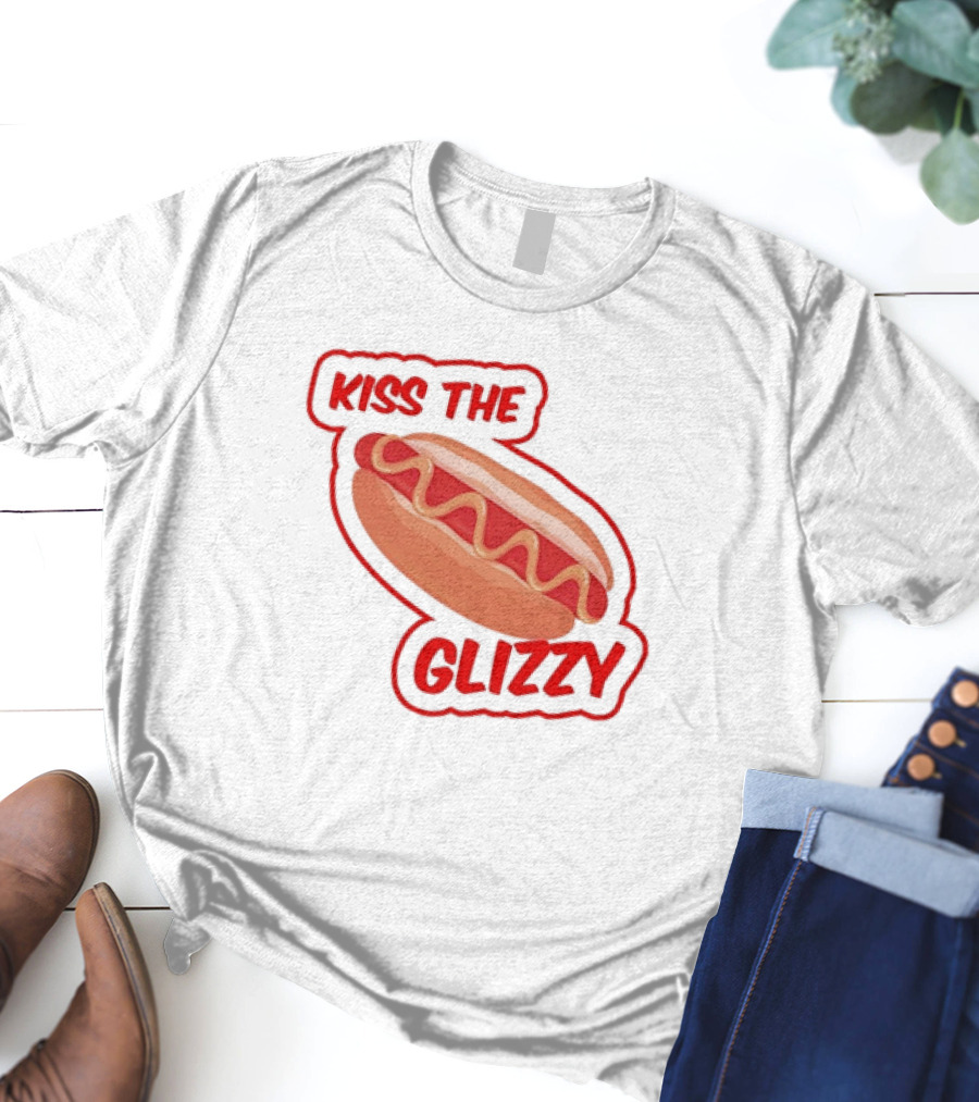Kiss The Glizzy Hot Dog Bold Text With Mustard And Ketchup T-Shirt