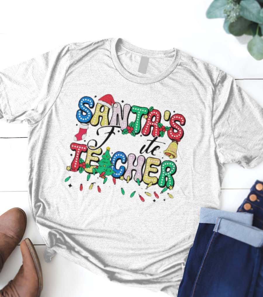 Santa's Favorite Teacher Christmas Light With Hat, Stocking, Bell, And Tree T-Shirt