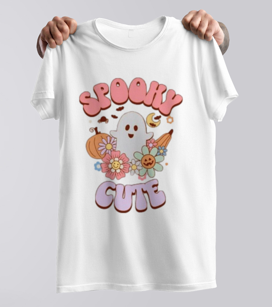 Spooky Cute Ghost With Pumpkins Flowers And Crescent Moon T-Shirt