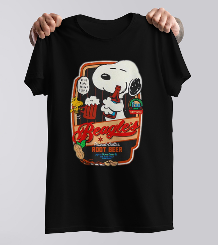 Snoopy And Woodstock Beagle's Peanut Butter Root Beer Good Grief Co Happiness T-Shirt