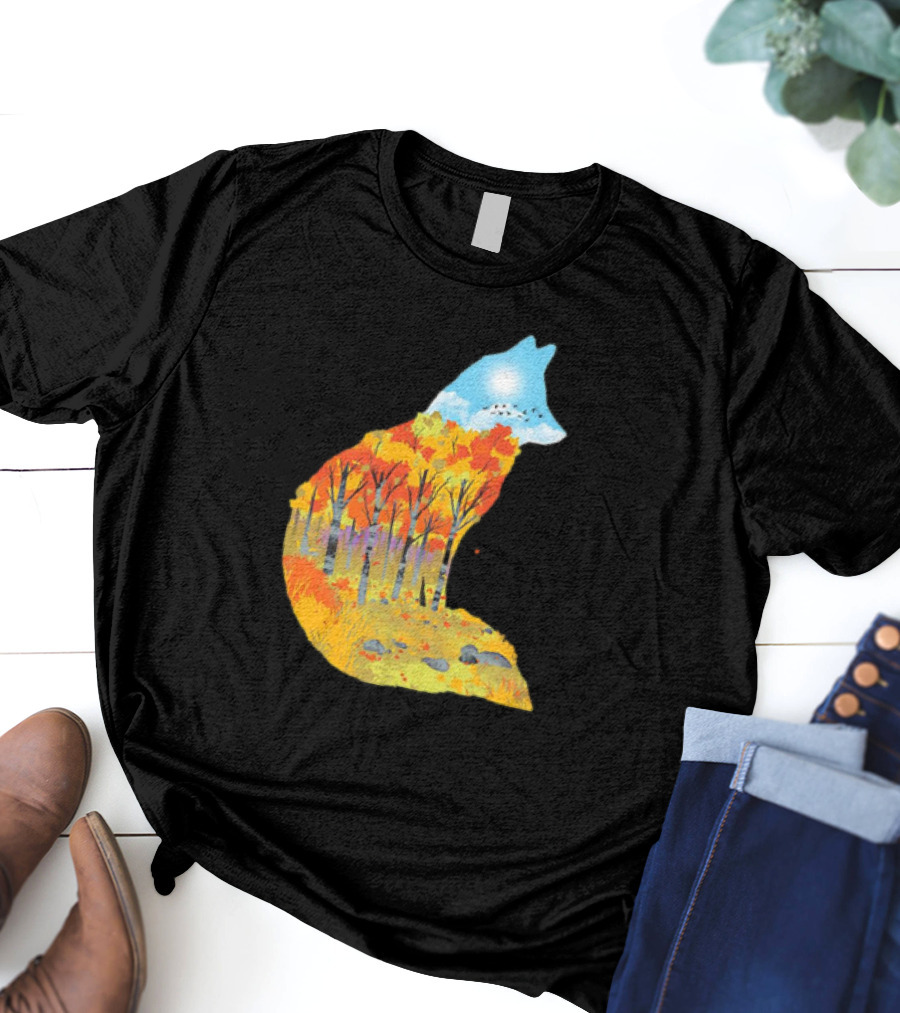 Fox Autumn Forest Landscape With Sun And Birds - I Am The Forest II T-Shirt