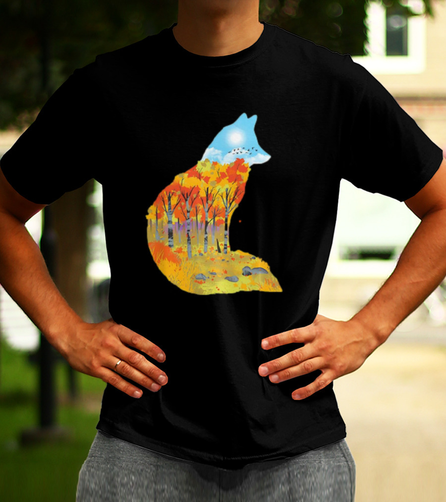 Fox Autumn Forest Landscape With Sun And Birds - I Am The Forest II T-Shirt