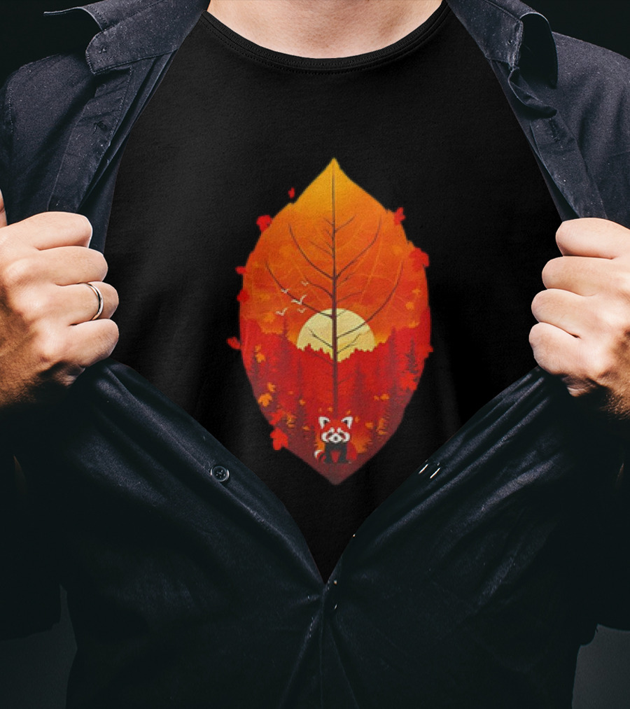 Panda Red Leaf Forest Sunset T-Shirt