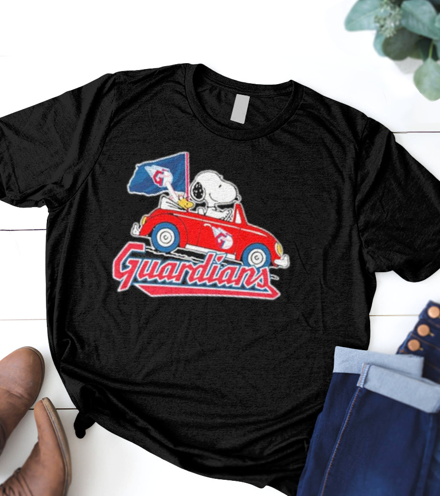 Peanuts Snoopy Woodstock Driving Car Cleveland Guardians Flag T-Shirt