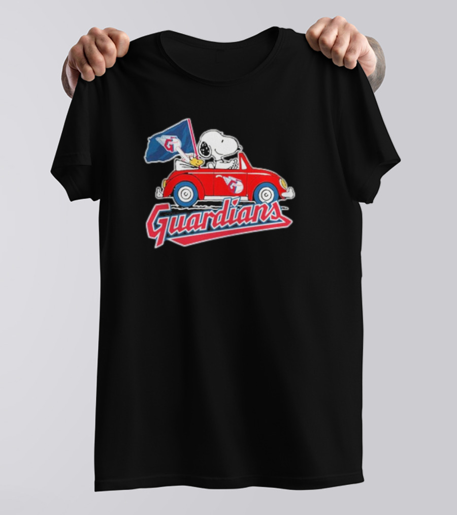 Peanuts Snoopy Woodstock Driving Car Cleveland Guardians Flag T-Shirt