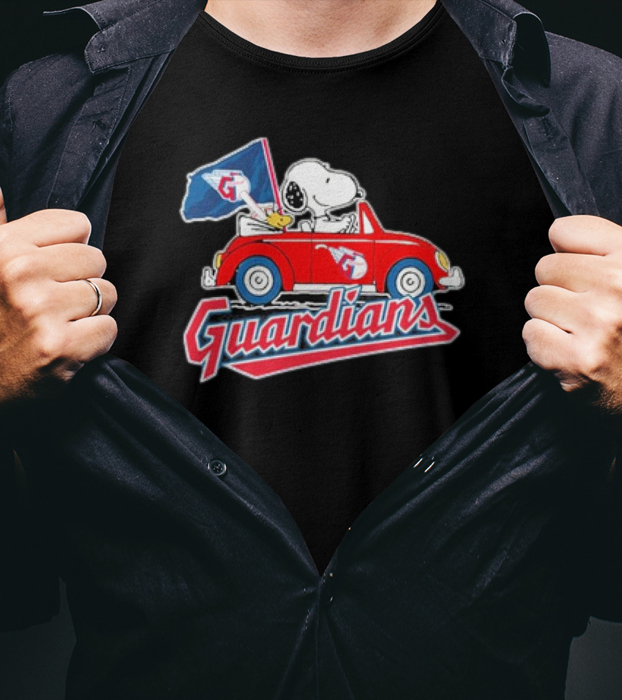 Peanuts Snoopy Woodstock Driving Car Cleveland Guardians Flag T-Shirt