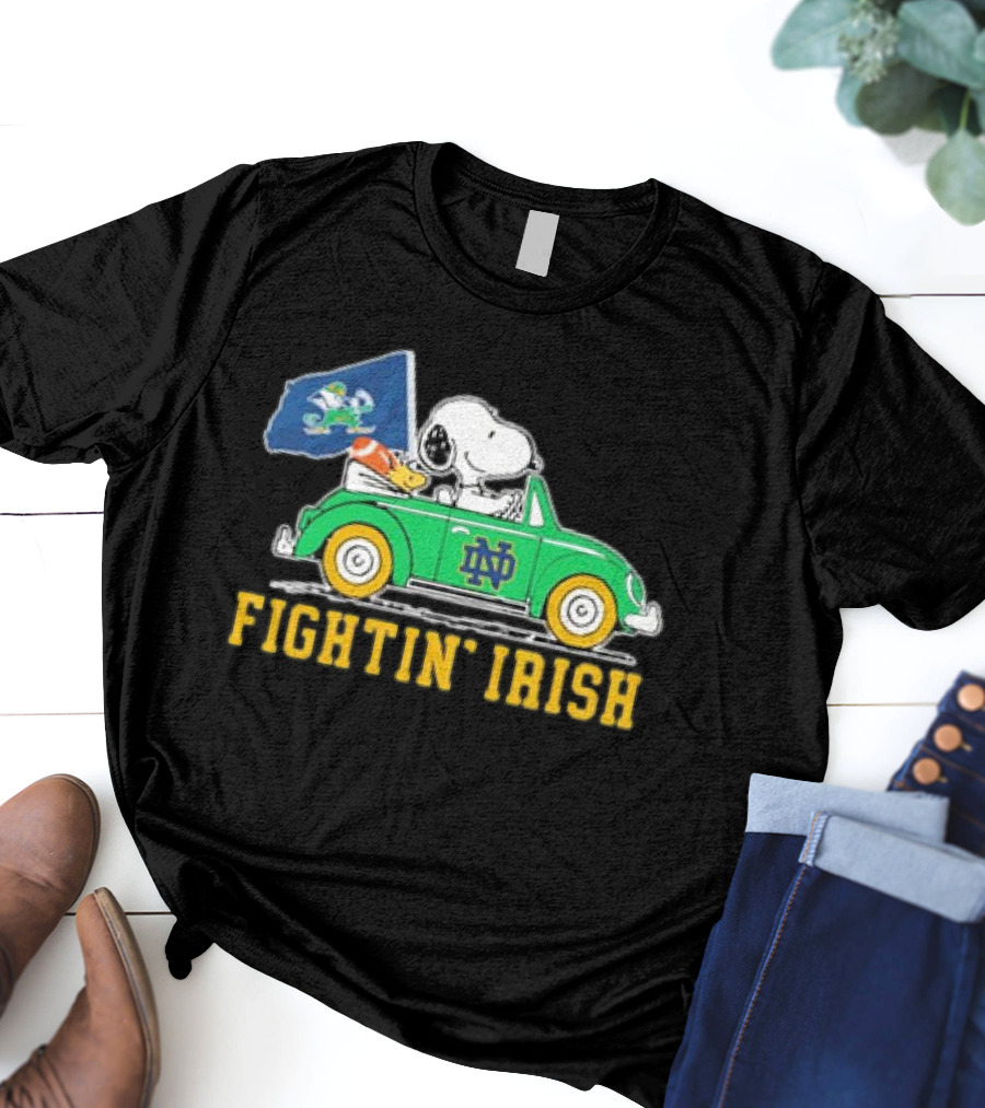 Peanuts Snoopy Woodstock Driving Notre Dame Fighting Irish Car T-Shirt
