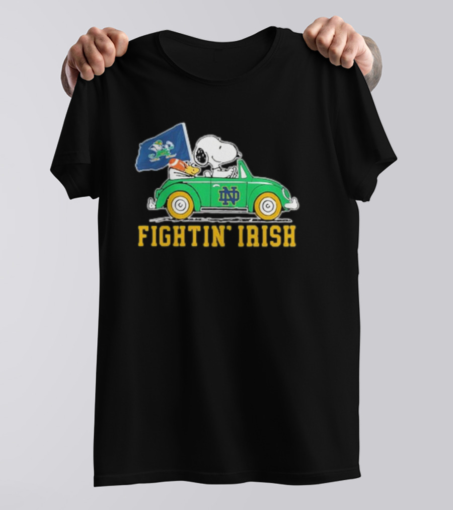 Peanuts Snoopy Woodstock Driving Notre Dame Fighting Irish Car T-Shirt