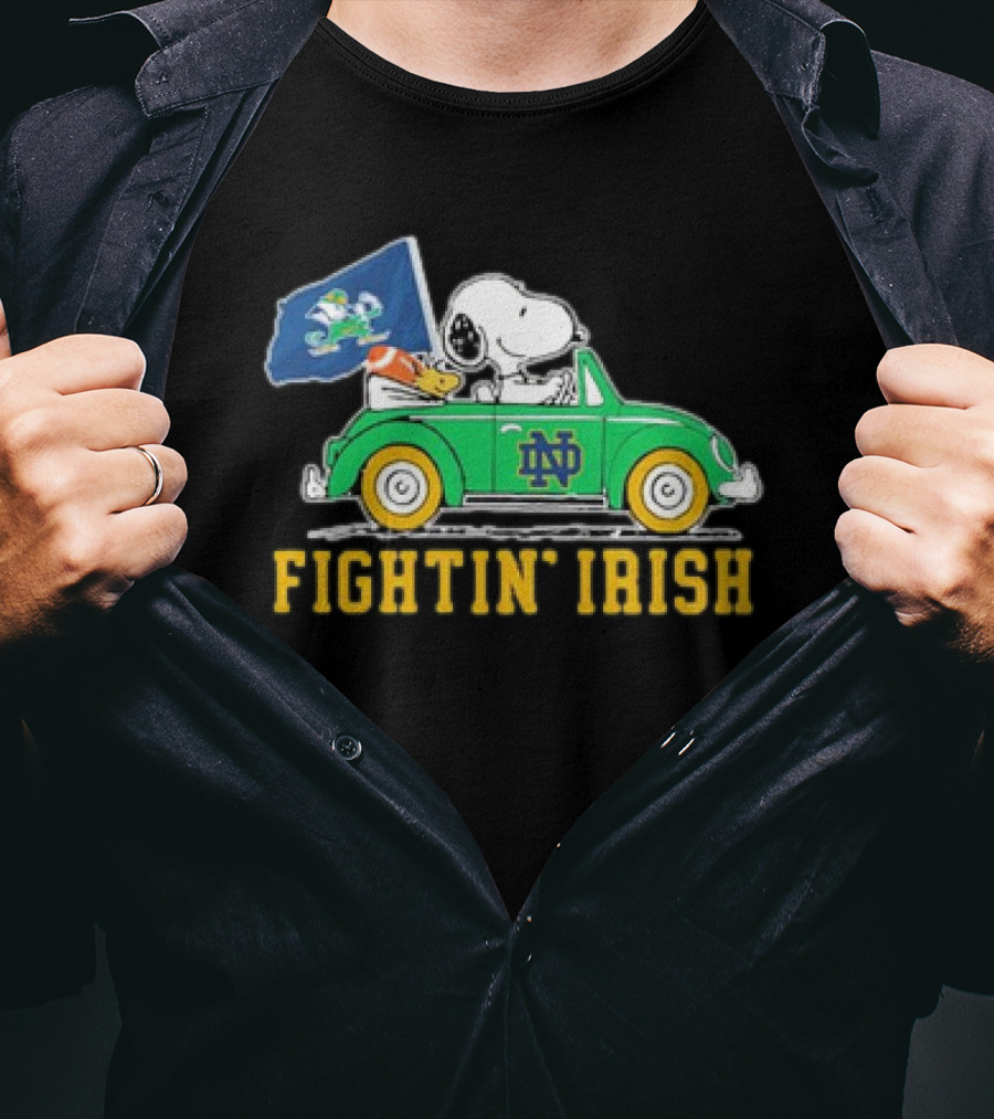 Peanuts Snoopy Woodstock Driving Notre Dame Fighting Irish Car T-Shirt