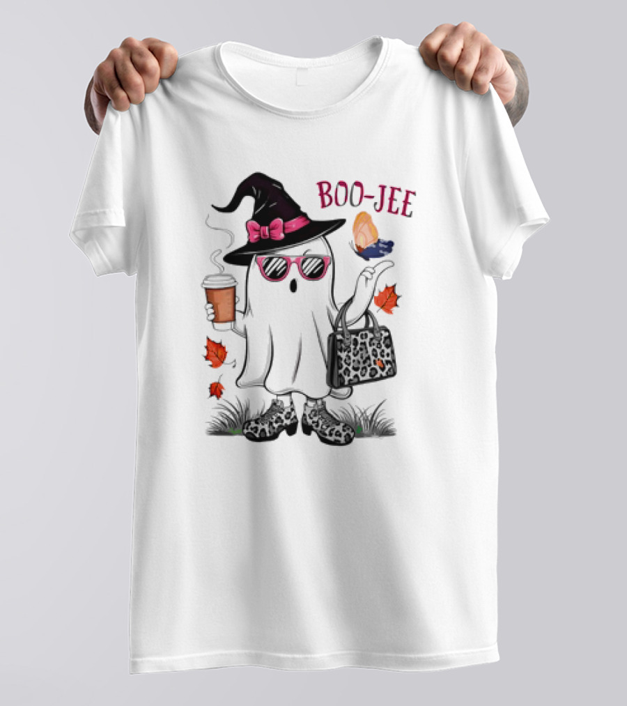 Boo Jee Leopard Ghost Fall Vibes With Hat And Coffee T-Shirt