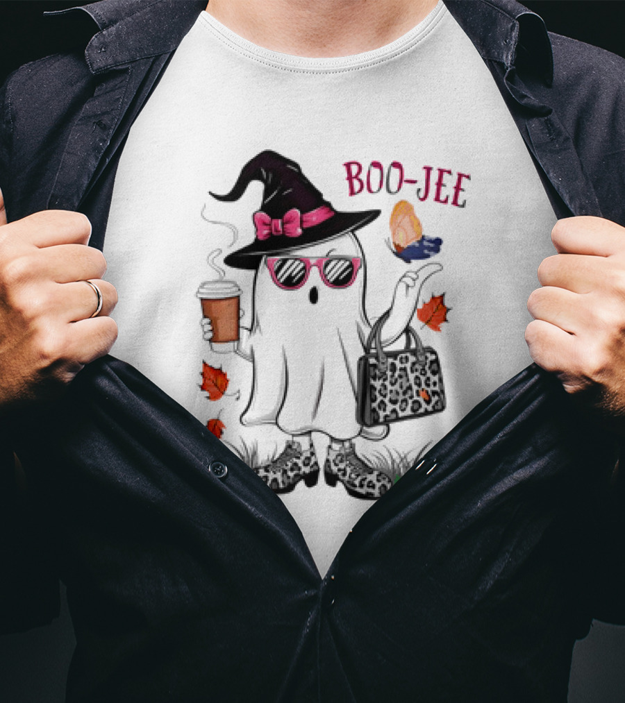 Boo Jee Leopard Ghost Fall Vibes With Hat And Coffee T-Shirt