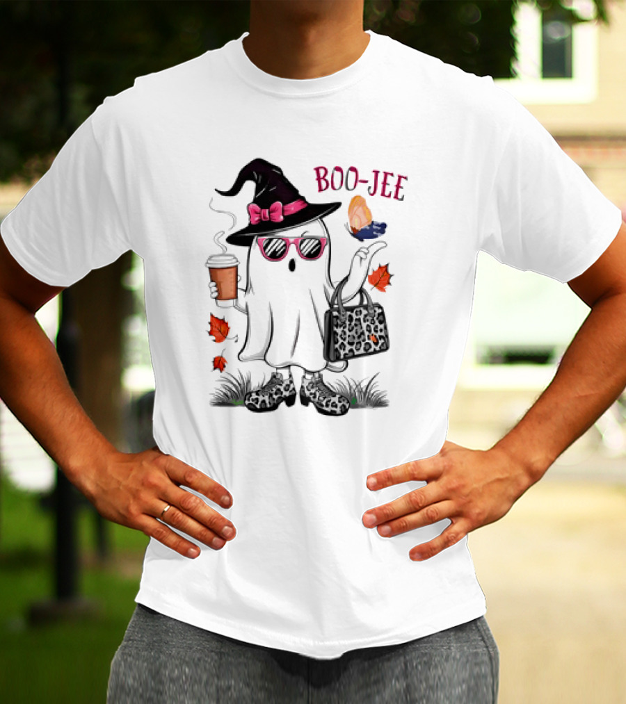 Boo Jee Leopard Ghost Fall Vibes With Hat And Coffee T-Shirt