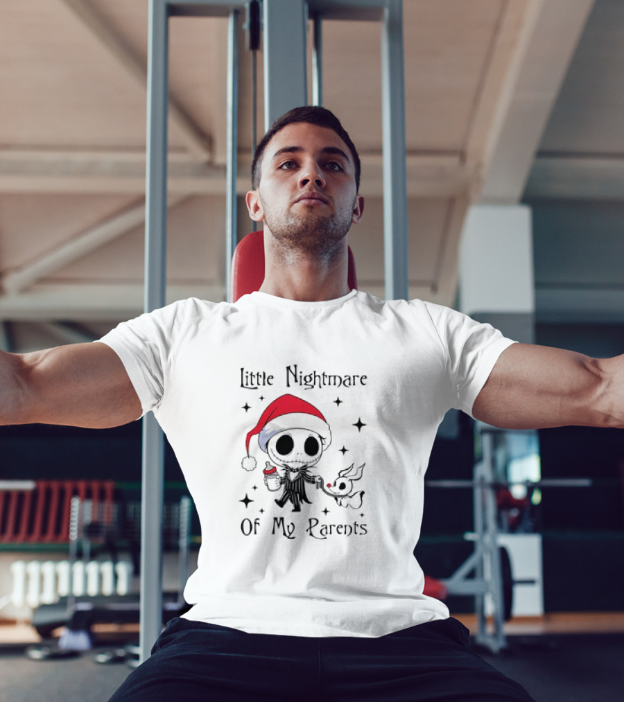 Little Nightmare Of My Parents Jack Skellington Santa Hat Holding Milk And Dog T-Shirt