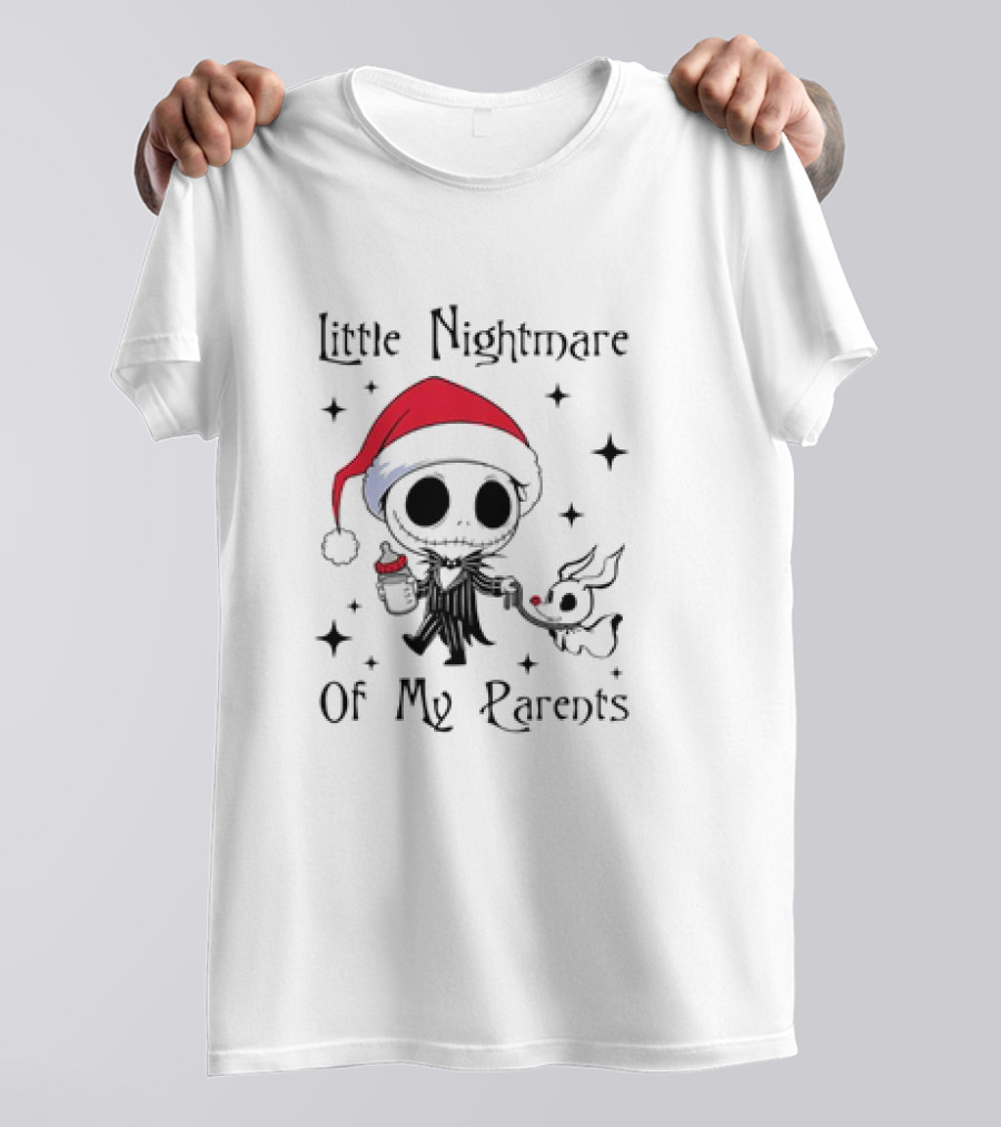 Little Nightmare Of My Parents Jack Skellington Santa Hat Holding Milk And Dog T-Shirt