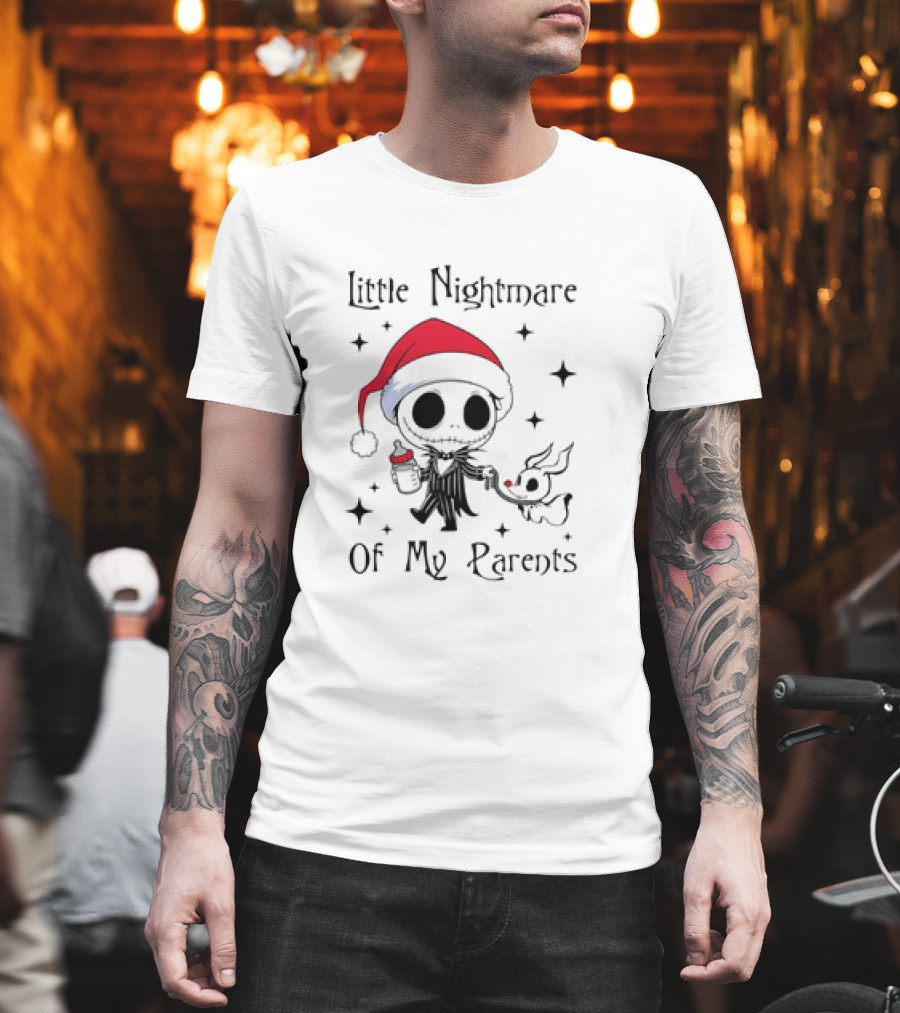 Little Nightmare Of My Parents Jack Skellington Santa Hat Holding Milk And Dog T-Shirt