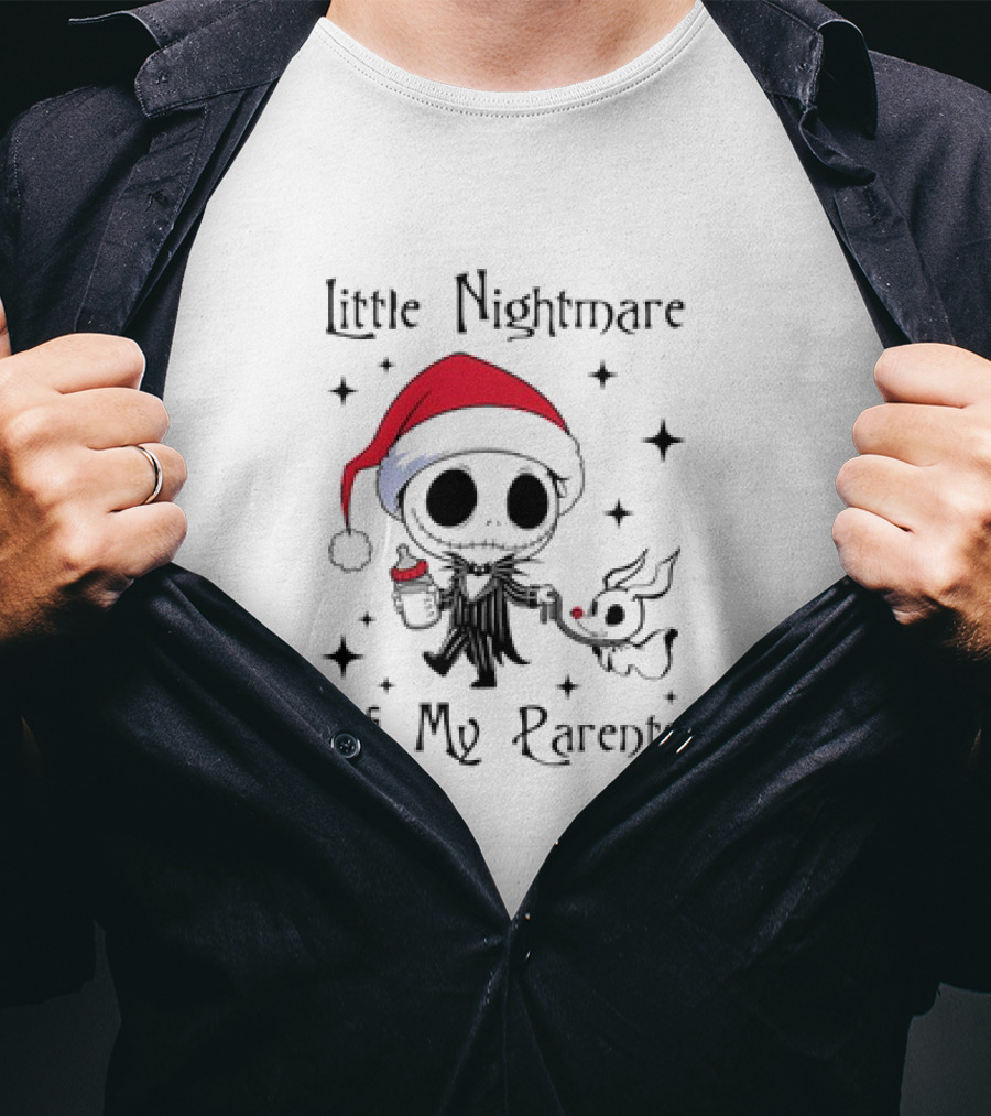Little Nightmare Of My Parents Jack Skellington Santa Hat Holding Milk And Dog T-Shirt