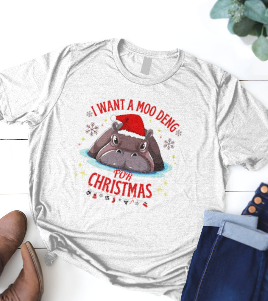 I Want A Moo Deng For Christmas Hippo Santa Hat Cute T-Shirt