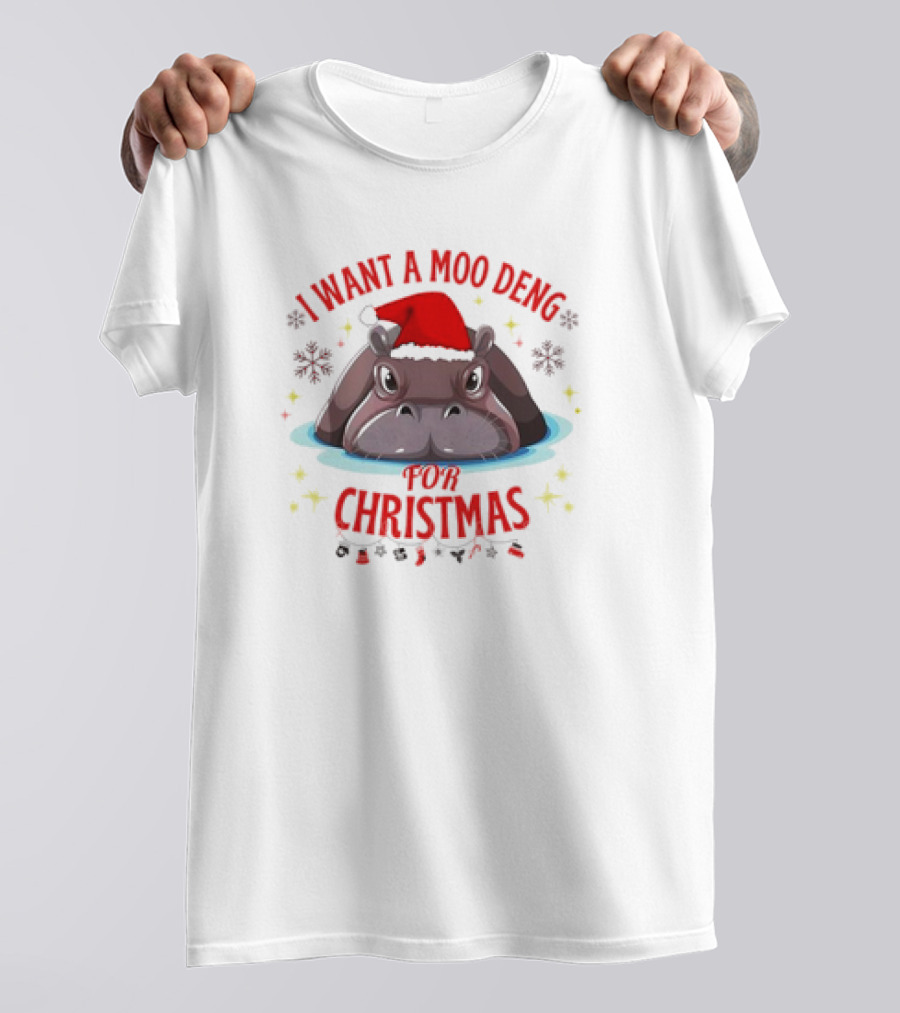 I Want A Moo Deng For Christmas Hippo Santa Hat Cute T-Shirt