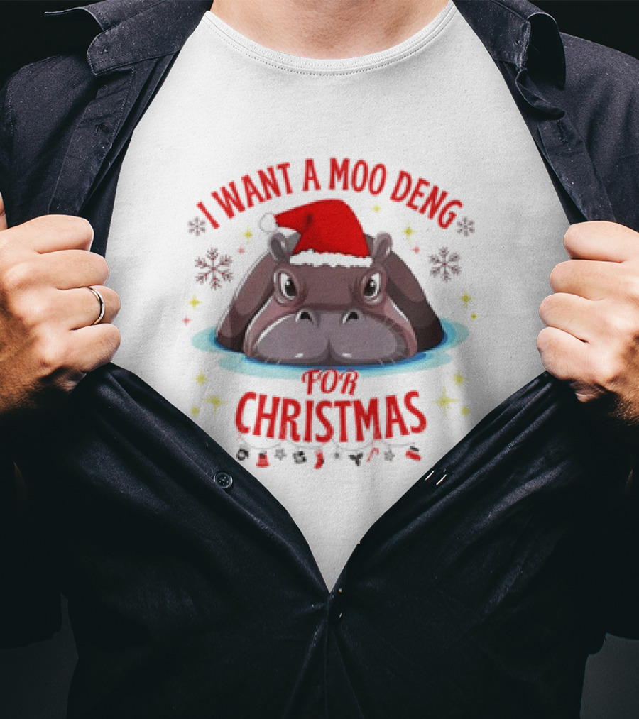 I Want A Moo Deng For Christmas Hippo Santa Hat Cute T-Shirt