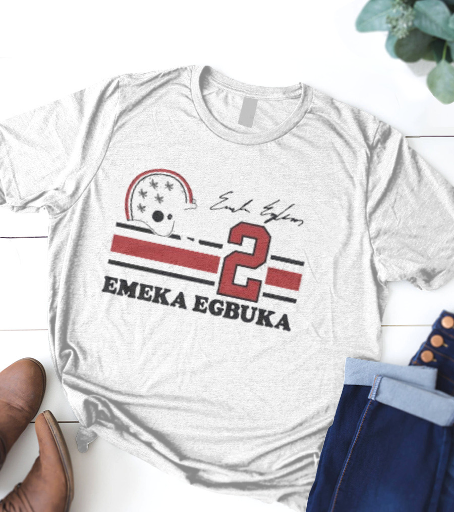 Ohio State Emeka Egbuka #2 Signature Jersey With Helmet And Stripes T-Shirt