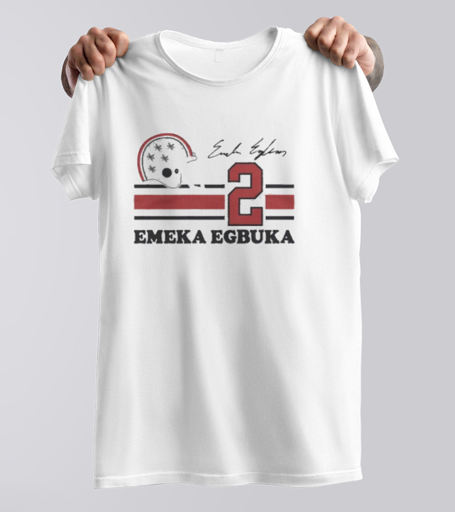 Ohio State Emeka Egbuka #2 Signature Jersey With Helmet And Stripes T-Shirt