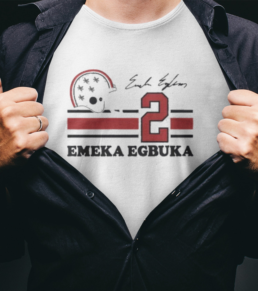 Ohio State Emeka Egbuka #2 Signature Jersey With Helmet And Stripes T-Shirt