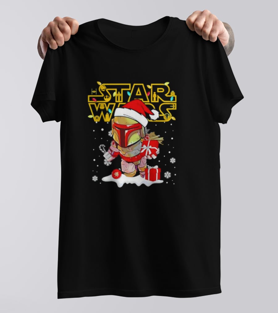 Disneyland Star Wars Boba Fett Christmas Santa Hat And Gifts Snowflakes T-Shirt