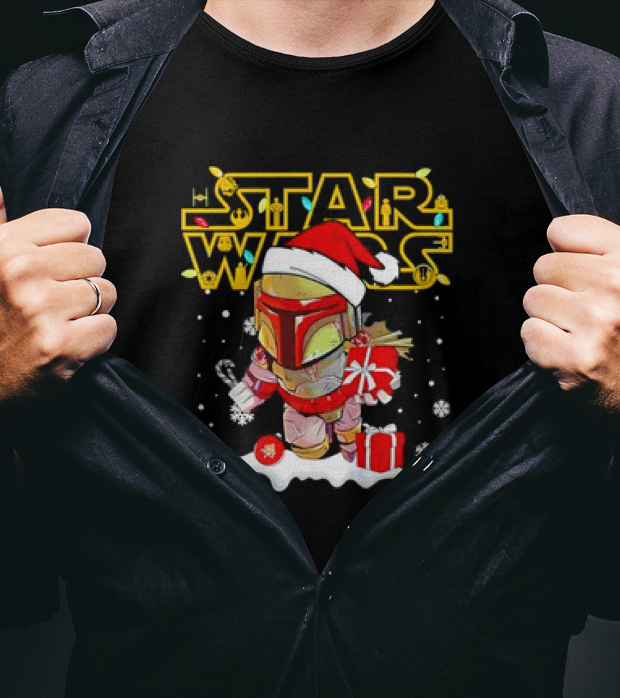 Disneyland Star Wars Boba Fett Christmas Santa Hat And Gifts Snowflakes T-Shirt