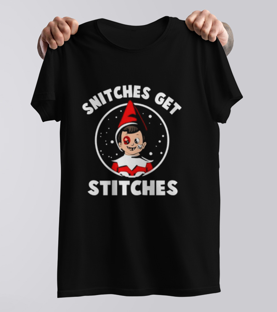 Snitches Get Stitches Elf On A Shelf Humor Cartoon Face T-Shirt