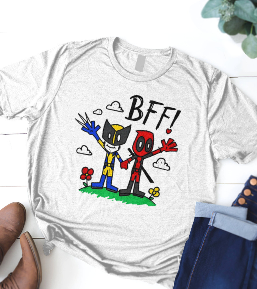 Deadpool And Wolverine BFF Cartoon Style With Heart And Clouds T-Shirt