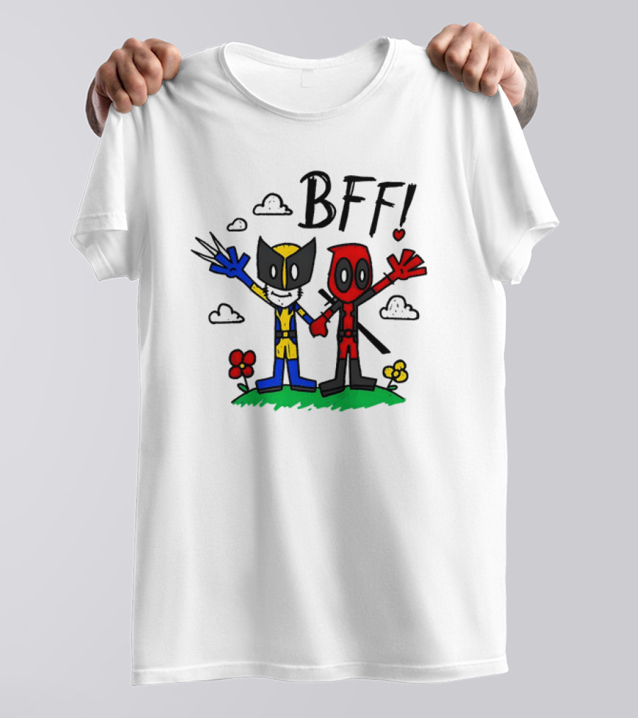 Deadpool And Wolverine BFF Cartoon Style With Heart And Clouds T-Shirt