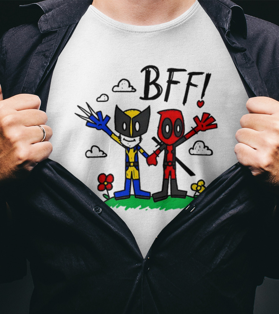 Deadpool And Wolverine BFF Cartoon Style With Heart And Clouds T-Shirt