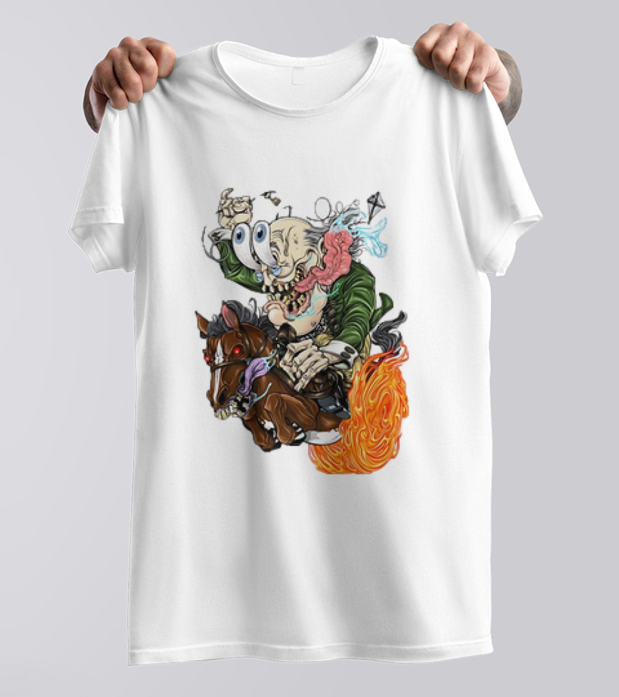 Ben FINKlin Surreal Dual-Eyed Figure On Flame-Engulfed Horse T-Shirt
