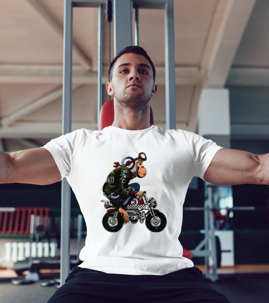 Monkey Riding Checkered Mini Bike Cartoon T-Shirt
