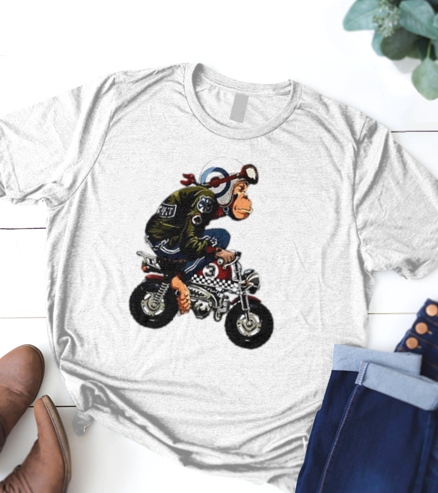 Monkey Riding Checkered Mini Bike Cartoon T-Shirt