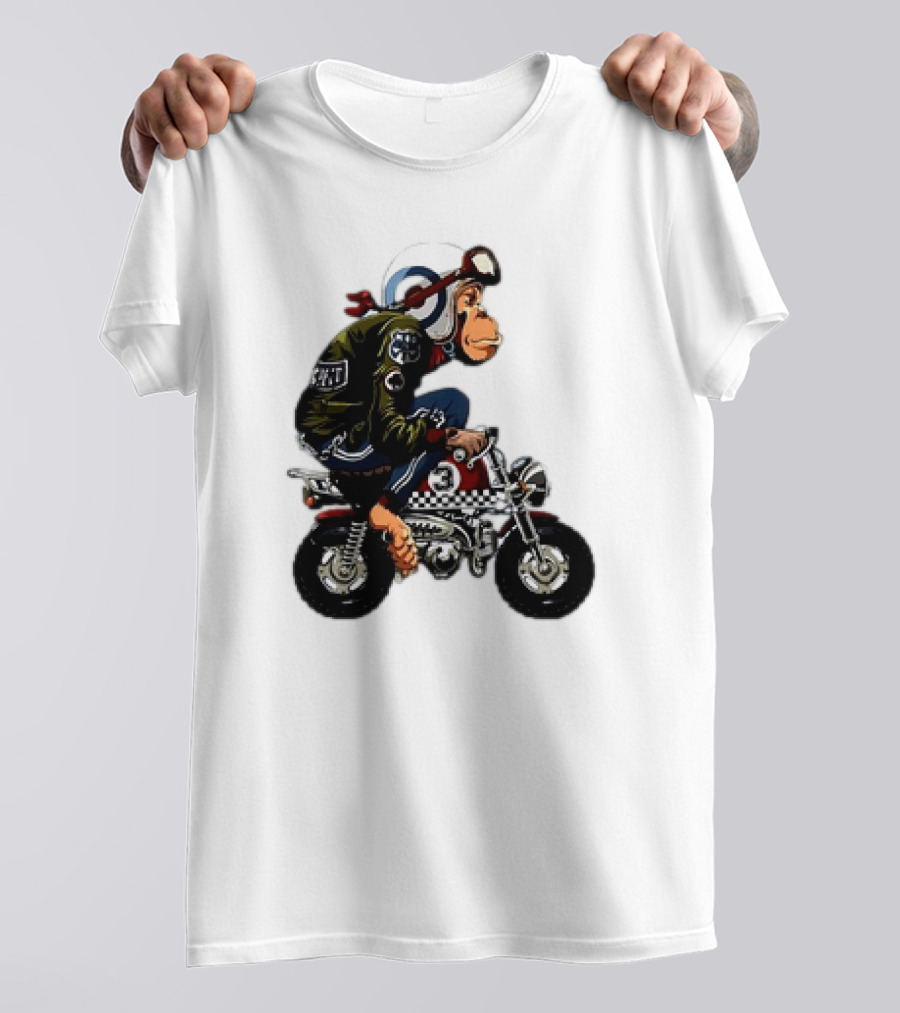 Monkey Riding Checkered Mini Bike Cartoon T-Shirt