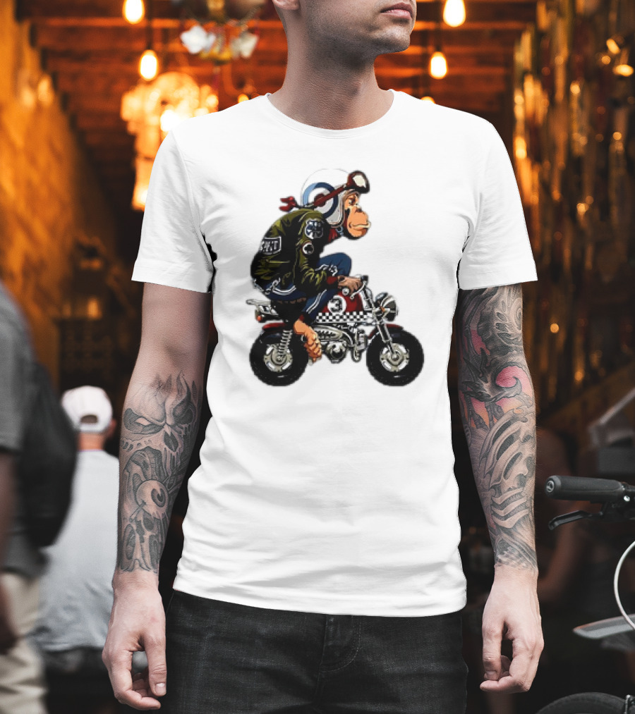 Monkey Riding Checkered Mini Bike Cartoon T-Shirt